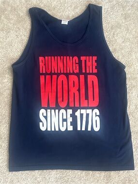 Graphic Tank Top "Running The World Since 1776" - Navy with Red & White Print